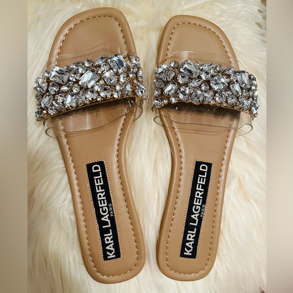 Karl Lagerfeld Mysha Crystal Embellished Flat Slide Sandals in Latte